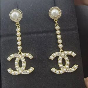 CHANEL Gold and White Pearl Drop Earrings